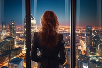 A successful businesswoman looks out the window at the cityscape from an office in a skyscraper, back view. AI generative - obrazy, fototapety, plakaty