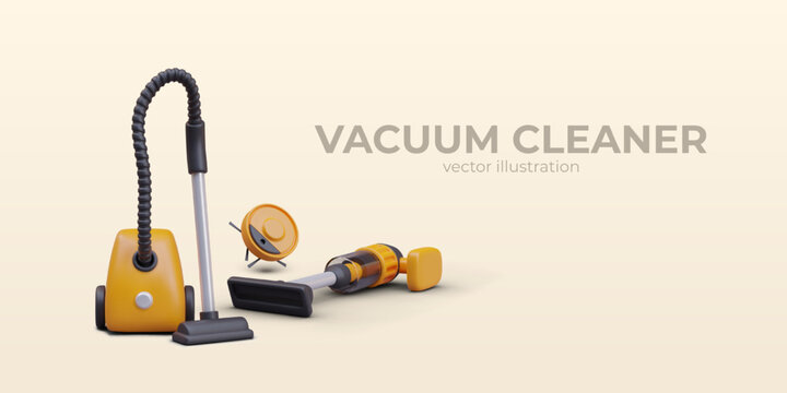 Poster with realistic different vacuum cleaners. Water and vacuum cleaner concept. Room cleaning equipment. Vector illustration in realistic 3d style with yellow background and place for text