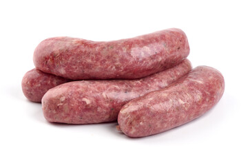 Italian sausages, Raw Salsiccia Sausages, isolated on a white background.