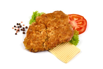 Wiener schnitzel in breadcrumbs, isolated on white background.