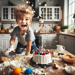 a playful hyperactive cute white toddler boy misbehaving and making a huge mess in a kitchen, throwing around cake and food at a birthday party celebration.

