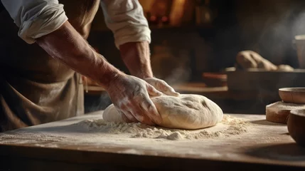 Fototapete Brot Chef hands kneading dough. AI generated.