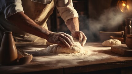 Hands kneading dough. Baker at work. AI generated.