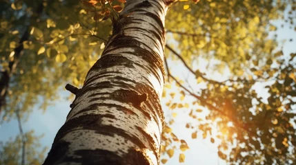 Foto op Plexiglas Beautiful birch trunk with bright sunlight. AI generated. © Viktor