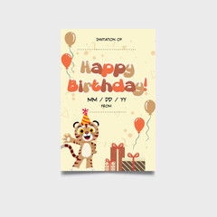 Birthday invitation card template cute stylized tiger