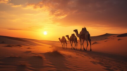 Camel in the desert on sunset background. AI generated.