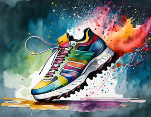 colorful sneaker is being spray painted with a watercolor stroke of different shapes