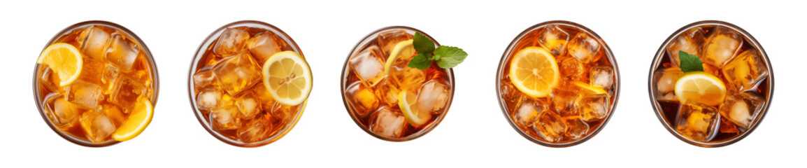 Collection of a glass of iced lemon tea isolated on a transparent background, top view - obrazy, fototapety, plakaty