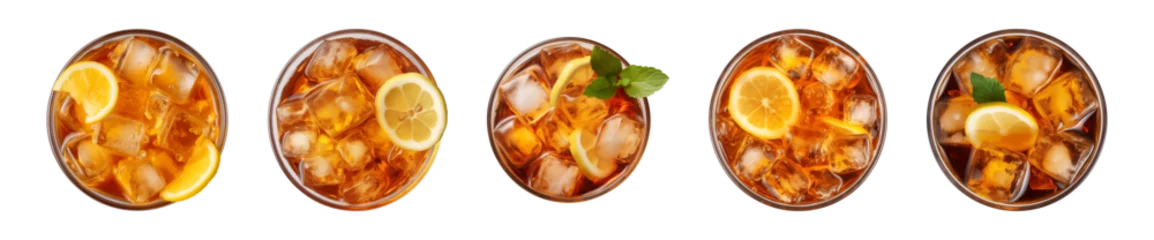Fotobehang Collection of a glass of iced lemon tea isolated on a transparent background, top view © agungai