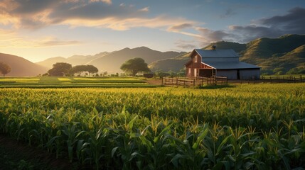 Beautiful barn on farm with corn field. AI generated. - obrazy, fototapety, plakaty