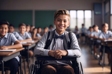 Happy, smiling boy in a wheelchair in the classroom, teenager with disability studying at school. Diversity, inclusion, equity concept.