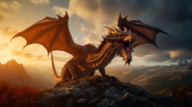 Big winged dragon on a beautiful landscape. AI generated.