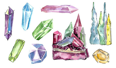 A set of groups of large colored crystals on a stone and individual crystals. Crystals are pointed with edges, in the form of multi-colored stones with iridescence. Hand drawn watercolor illustration - obrazy, fototapety, plakaty