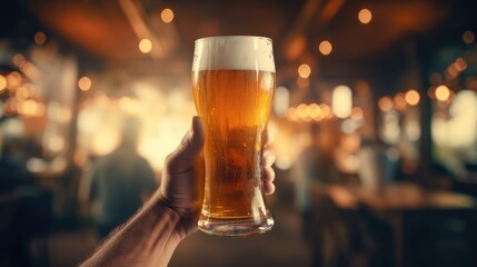 Fototapeta na wymiar Glass of fresh beer in hand on blurred background. AI generated.