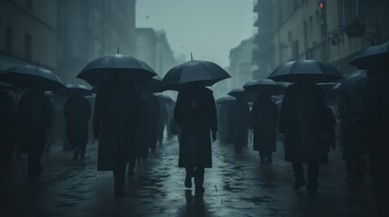 Crowd walk with umbrellas. AI generated.