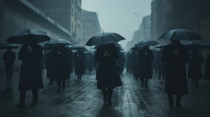 People walk with black umbrellas. AI generated. - obrazy, fototapety, plakaty