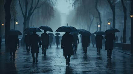 Gloomy people walk with umbrellas. AI generated. - obrazy, fototapety, plakaty