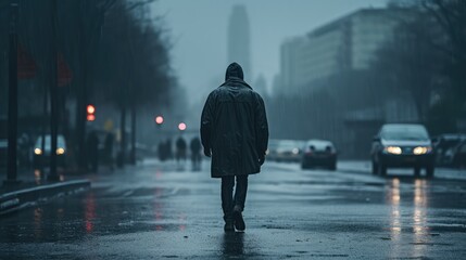 Obraz premium A lonely person walking in city in rainy weather. AI generated.