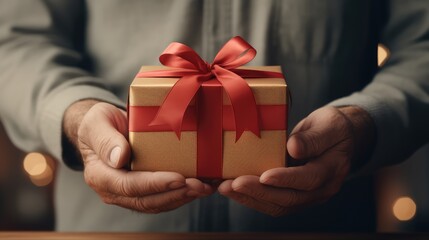 Close-up view of hands holding giftbox. AI generated.