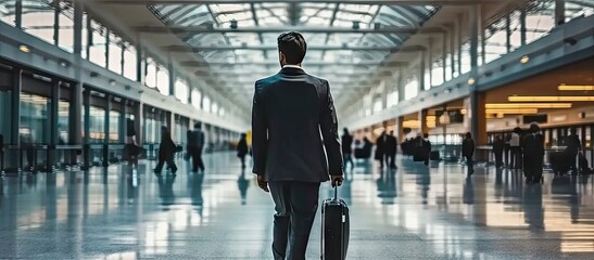 Businessman at airport presumably during business trip or travel. Dressed in professional suit and carries suitcase suggesting journey for work purposes