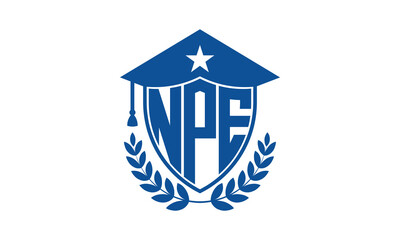 NPE three letter iconic academic logo design vector template. monogram, abstract, school, college, university, graduation cap symbol logo, shield, model, institute, educational, coaching canter, tech