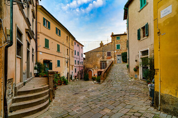 Characteristic glimpses of city landscape in the medieval town of Castagneto Carducci Tuscany Italy