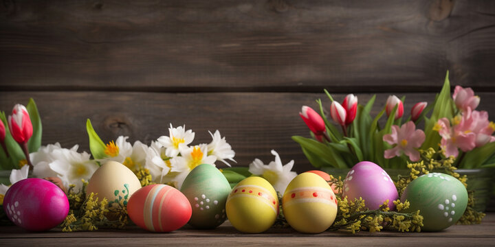 Easter Setting Image .Bouquet near bowl with eggs .
  