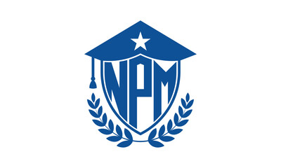 NPM three letter iconic academic logo design vector template. monogram, abstract, school, college, university, graduation cap symbol logo, shield, model, institute, educational, coaching canter, tech