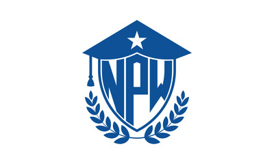 NPW three letter iconic academic logo design vector template. monogram, abstract, school, college, university, graduation cap symbol logo, shield, model, institute, educational, coaching canter, tech