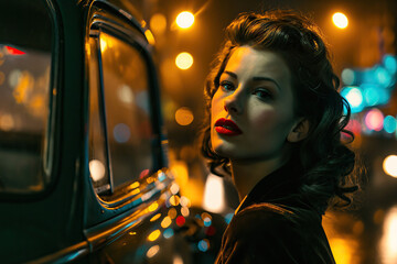 beautiful femme fatale woman with red lips in cinematic film noir style, beside vintage 1930s car