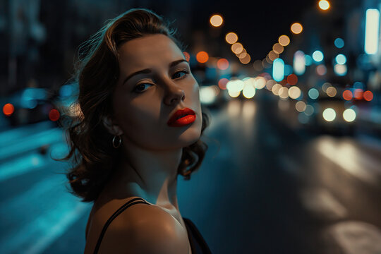 beautiful femme fatale woman with red lips in cinematic film noir style, copy space on blurred night city lights