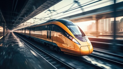 Modern speed train in motion. AI generated. - obrazy, fototapety, plakaty