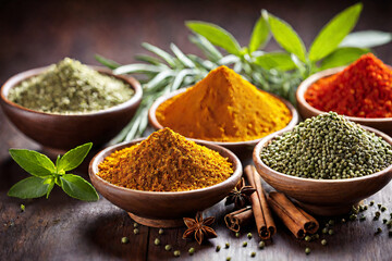 Herbs and Spices for Flavorful Food with Bokeh and Detailed Depth of Field.