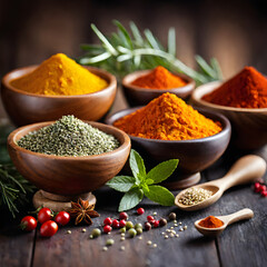 Herbs and Spices for Flavorful Food with Bokeh and Detailed Depth of Field.