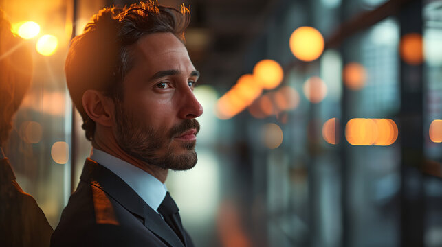 Thoughtful business man looking towards blank mirror area. Large copy space

