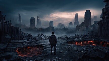 Post apocalyptic abandoned city in ruins. Lonely person silhouette. AI generated. - obrazy, fototapety, plakaty