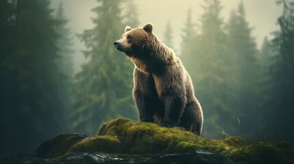 Wild Brown Bear in foggy forest. AI generated.