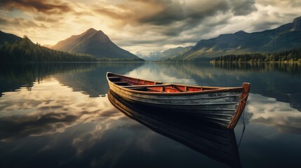 Boat in a lake on sunset background. AI generated.