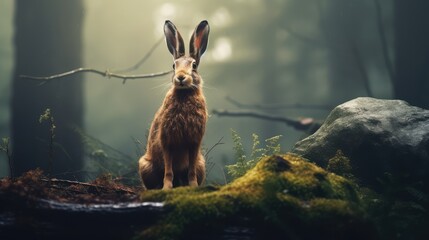 A wild jackrabbit in the autumn forest. AI generated.