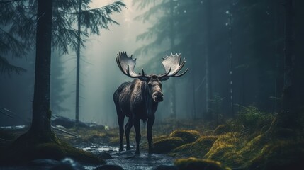 Moose in the misty forest. AI generated.