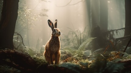 A beautiful jackrabbit in the wild forest. AI generated. - obrazy, fototapety, plakaty