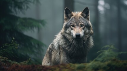 Grey wolf in a foggy forest. AI generated.