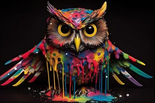 an owl colorful paint drips it's face wings standing front black background multicolored drops paint