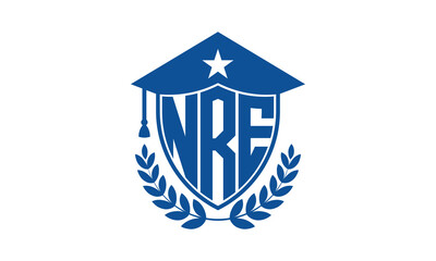 NRE three letter iconic academic logo design vector template. monogram, abstract, school, college, university, graduation cap symbol logo, shield, model, institute, educational, coaching canter, tech