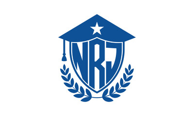 NRJ three letter iconic academic logo design vector template. monogram, abstract, school, college, university, graduation cap symbol logo, shield, model, institute, educational, coaching canter, tech