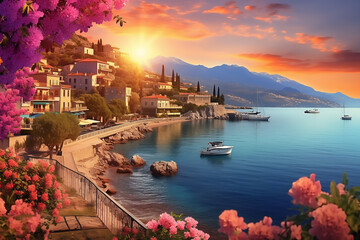 Mediterranean landscape. Seafront landscape with azalea flowers. French Riviera, view of stunning picturesque coastal town, sunrise