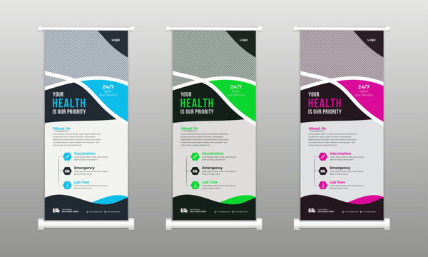 Rollup banner health care medical modern layout design template printing presentation for corporate exhibition vertical vector illustration