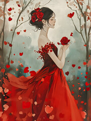 Lady in a red dress with hearts floating around in a whimsical forest.