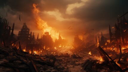 Burning city, apocalyptic landscape. AI generated.