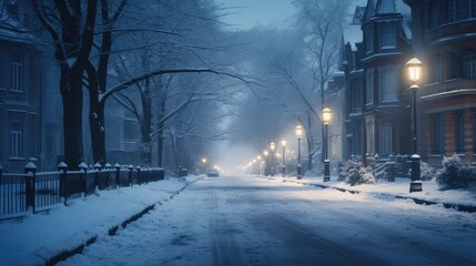 Beautiful snowy street with lanterns. AI generated.